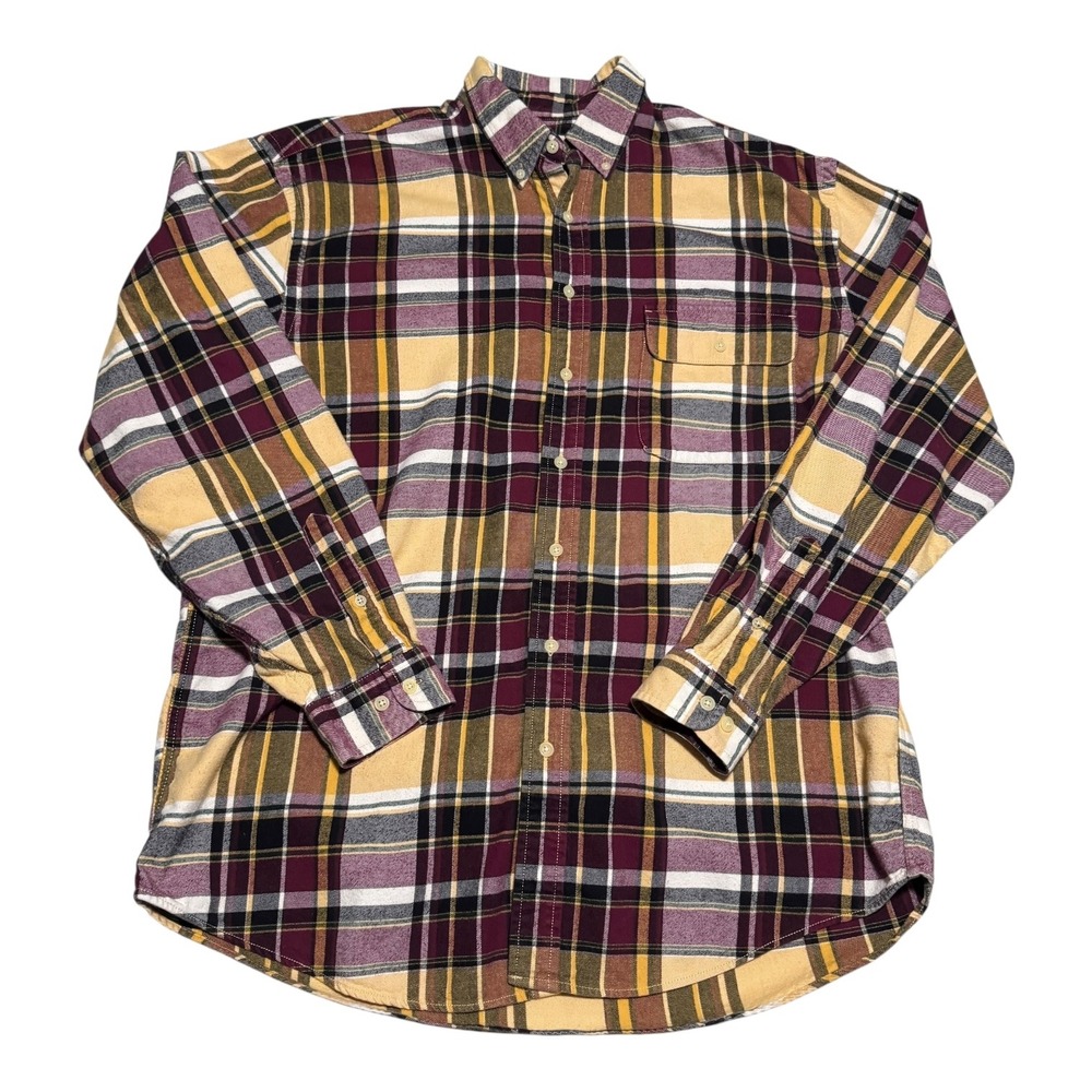 Eddie Bauer 100% Cotton Yellow/Red Plaid Flannel Button Up Shirt Men's LT